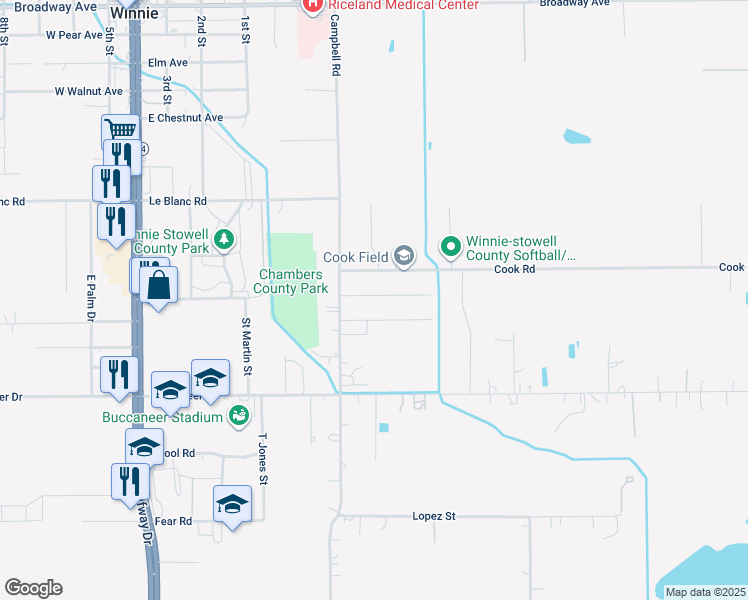 map of restaurants, bars, coffee shops, grocery stores, and more near 636 Carolyn Street in Winnie