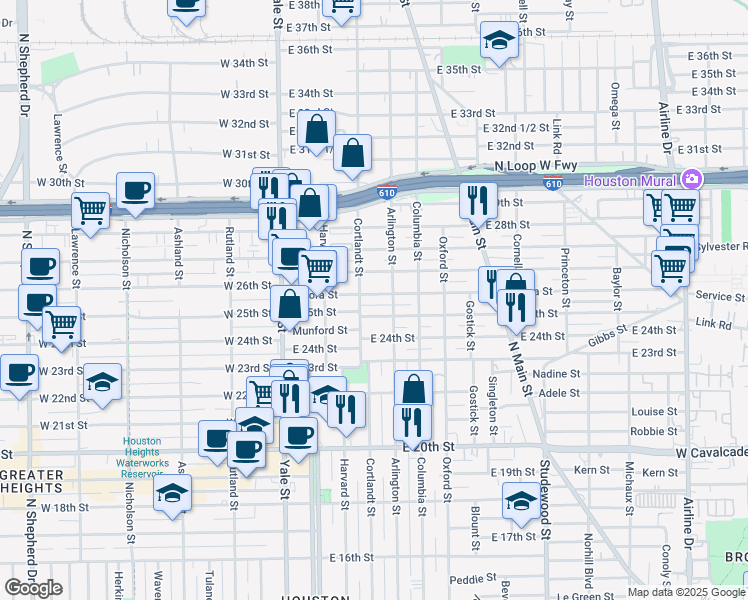 map of restaurants, bars, coffee shops, grocery stores, and more near 314 Aurora Street in Houston