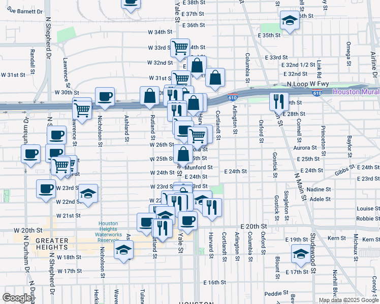 map of restaurants, bars, coffee shops, grocery stores, and more near 106 Aurora Street in Houston