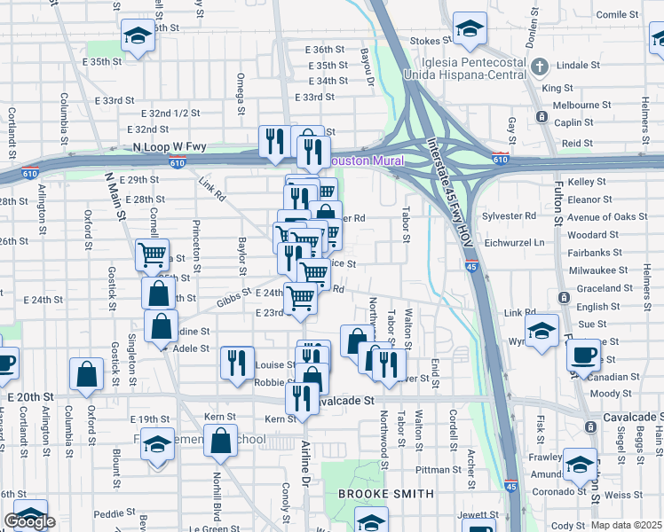 map of restaurants, bars, coffee shops, grocery stores, and more near 2420 Eastman Street in Houston