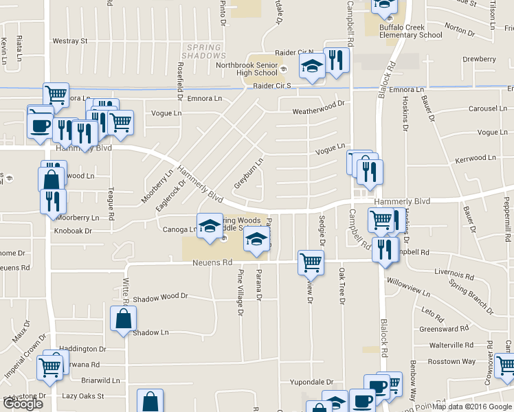 map of restaurants, bars, coffee shops, grocery stores, and more near 9711 Truscon Dr in Houston