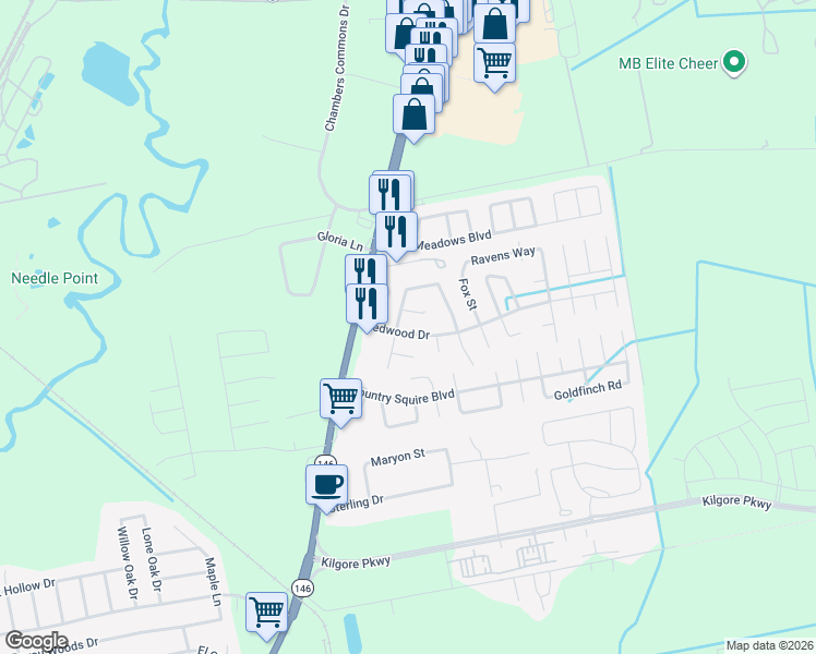 map of restaurants, bars, coffee shops, grocery stores, and more near 10307 Redwood Drive in Baytown