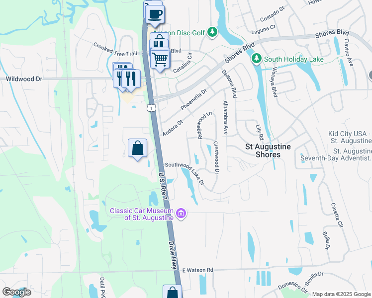 map of restaurants, bars, coffee shops, grocery stores, and more near 537 Boxwood Place in St. Augustine
