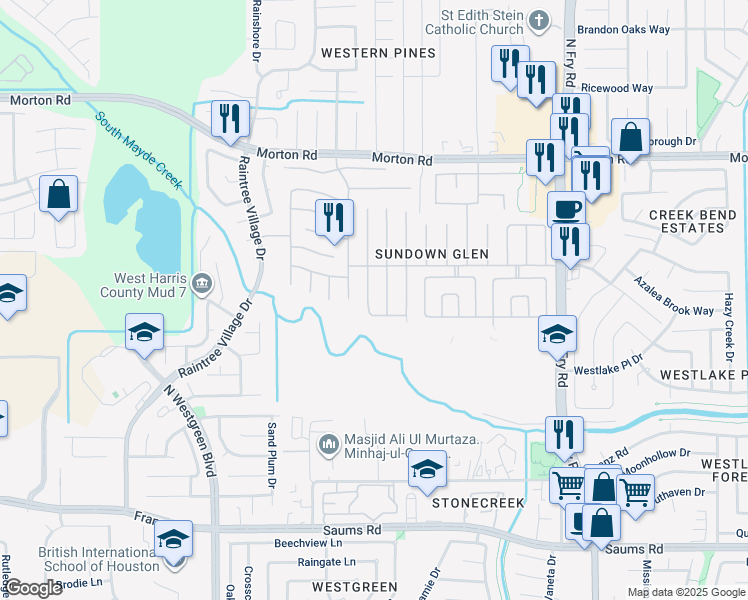 map of restaurants, bars, coffee shops, grocery stores, and more near 2918 Walnut Springs Drive in Katy