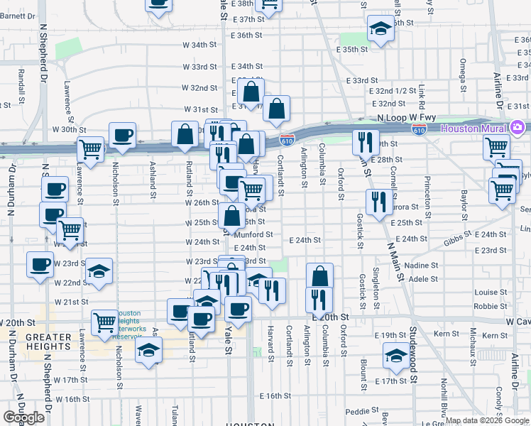 map of restaurants, bars, coffee shops, grocery stores, and more near 206 Aurora Street in Houston