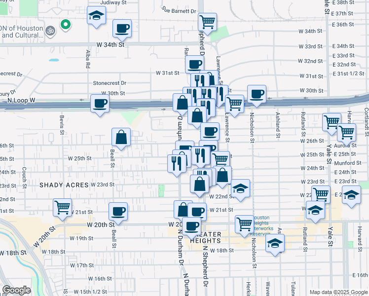 map of restaurants, bars, coffee shops, grocery stores, and more near 730 West 26th Street in Houston