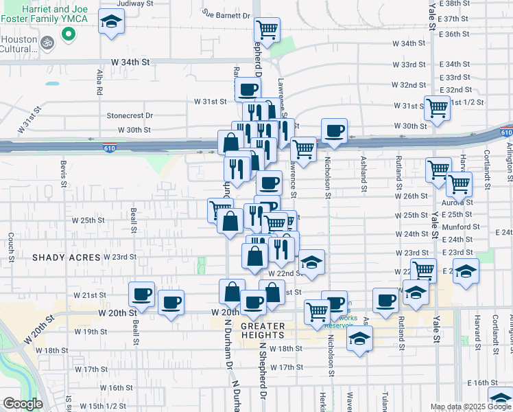 map of restaurants, bars, coffee shops, grocery stores, and more near 2515 North Shepherd Drive in Houston