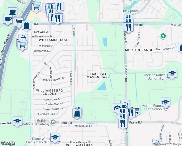 map of restaurants, bars, coffee shops, grocery stores, and more near 2442 Grey Reef Drive in Katy