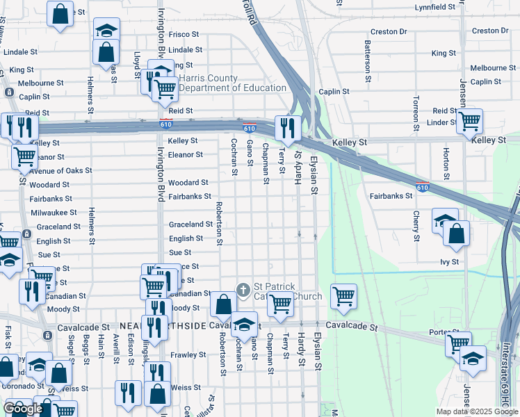 map of restaurants, bars, coffee shops, grocery stores, and more near 1309 Tarley Street in Houston