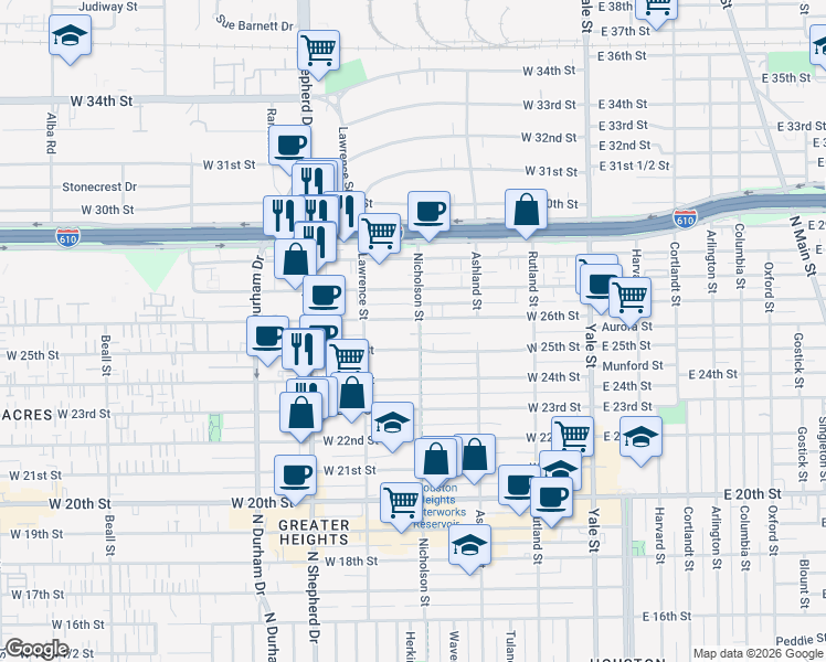 map of restaurants, bars, coffee shops, grocery stores, and more near 2501 Nicholson Street in Houston