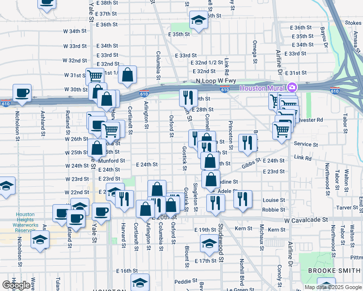 map of restaurants, bars, coffee shops, grocery stores, and more near 634 Aurora Street in Houston