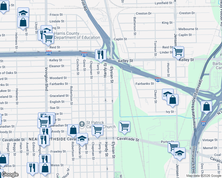 map of restaurants, bars, coffee shops, grocery stores, and more near 5501 Elysian Street in Houston