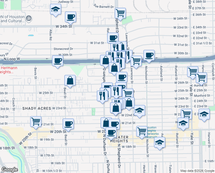 map of restaurants, bars, coffee shops, grocery stores, and more near 720 West 26th Street in Houston
