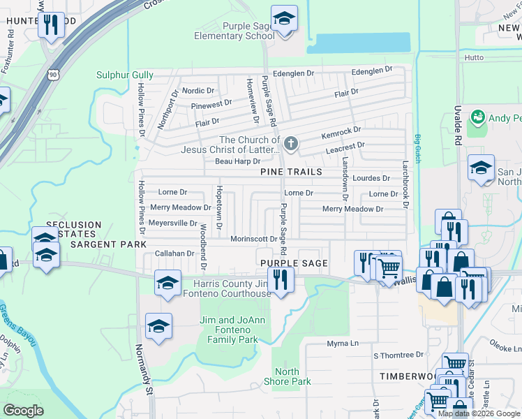 map of restaurants, bars, coffee shops, grocery stores, and more near 5819 Mackmiller Drive in Houston