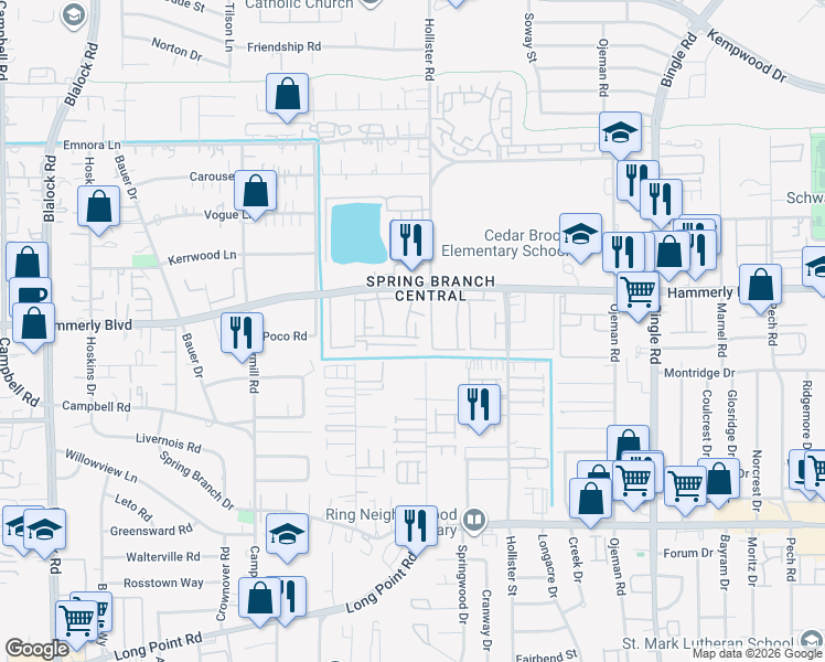 map of restaurants, bars, coffee shops, grocery stores, and more near 2008 Laverne Street in Houston