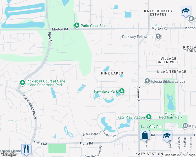 map of restaurants, bars, coffee shops, grocery stores, and more near 6410 Crystal Forest Trail in Katy