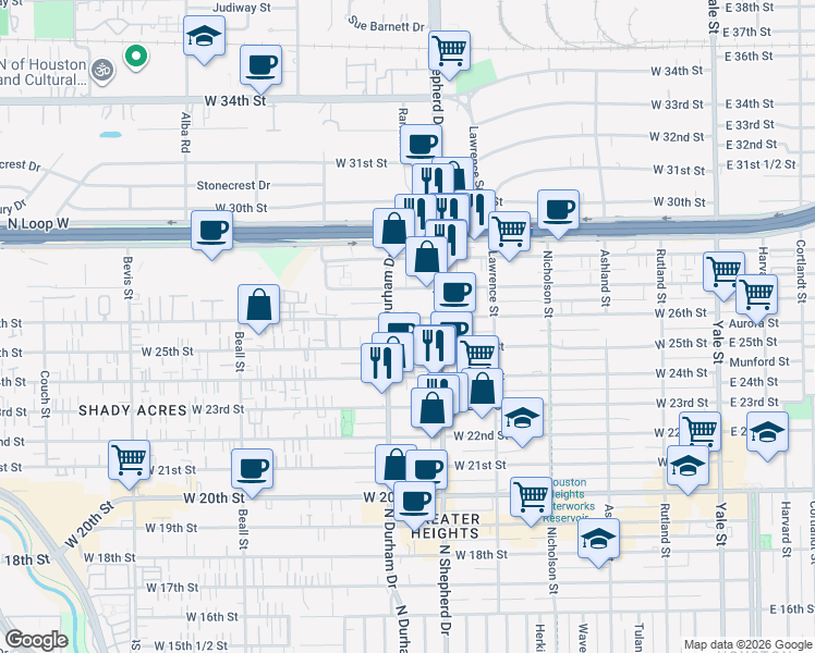map of restaurants, bars, coffee shops, grocery stores, and more near 720 West 26th Street in Houston