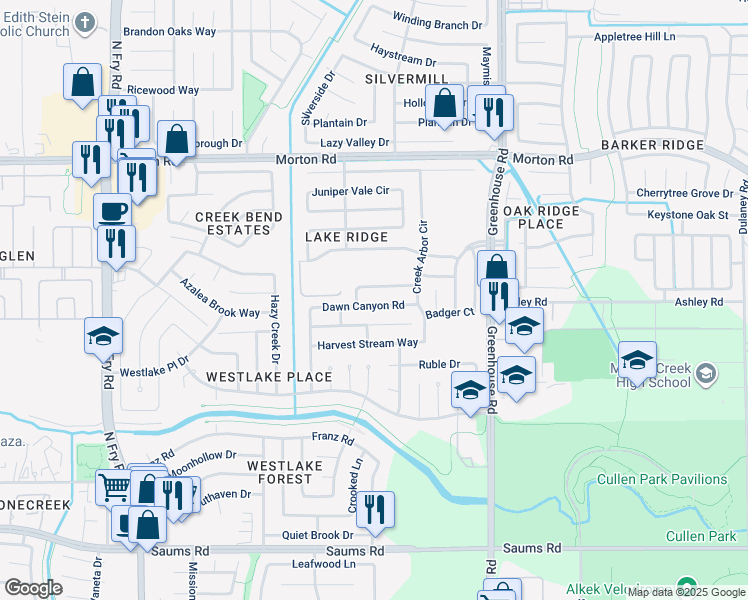 map of restaurants, bars, coffee shops, grocery stores, and more near 19418 Dawn Canyon Road in Houston