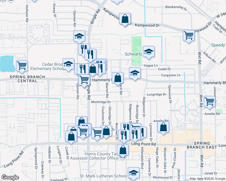 map of restaurants, bars, coffee shops, grocery stores, and more near 8522 Ridgepoint Drive in Houston