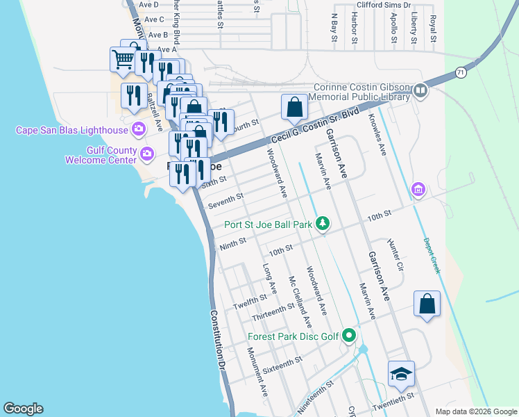 map of restaurants, bars, coffee shops, grocery stores, and more near 501-529 Eighth Street in Port Saint Joe