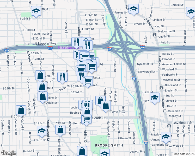 map of restaurants, bars, coffee shops, grocery stores, and more near 2420 Eastman Street in Houston