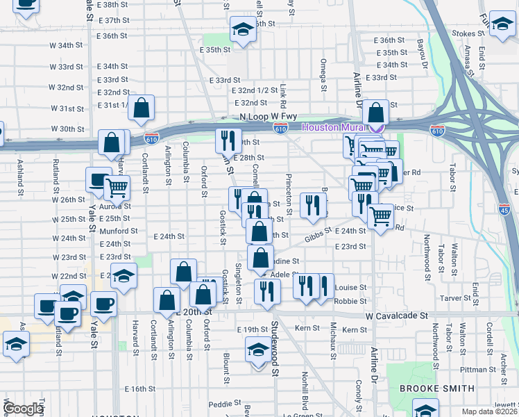 map of restaurants, bars, coffee shops, grocery stores, and more near 738 Aurora Street in Houston