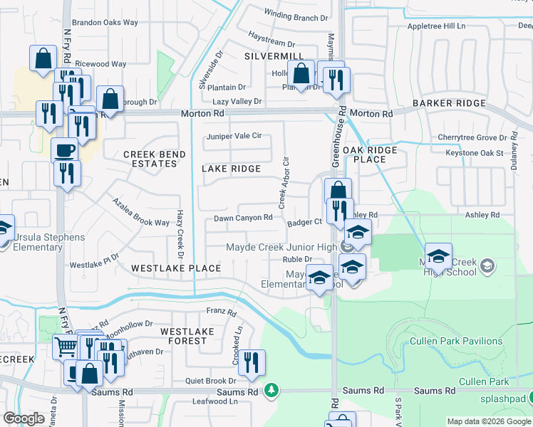 map of restaurants, bars, coffee shops, grocery stores, and more near 19306 Dawn Canyon Road in Houston