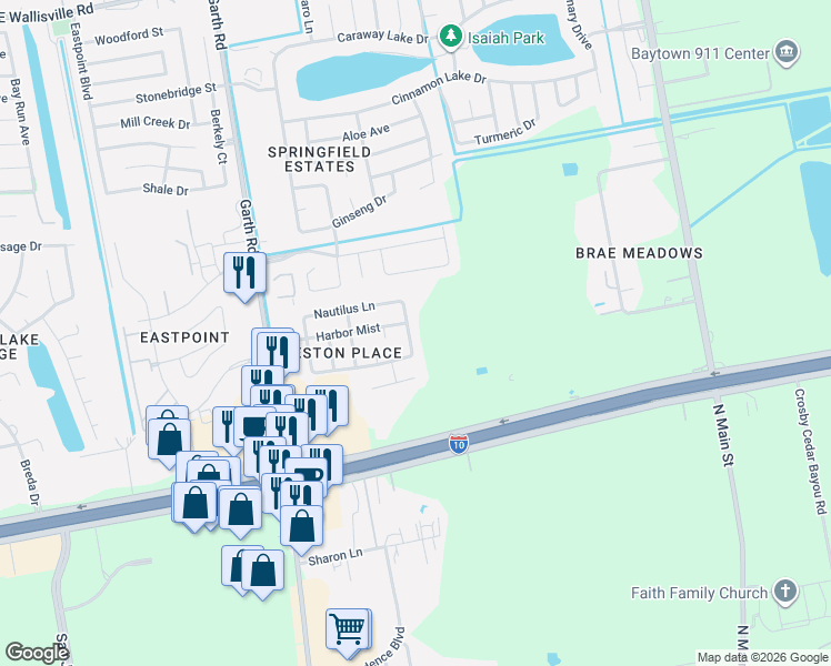 map of restaurants, bars, coffee shops, grocery stores, and more near 7422 Superior Drive in Baytown