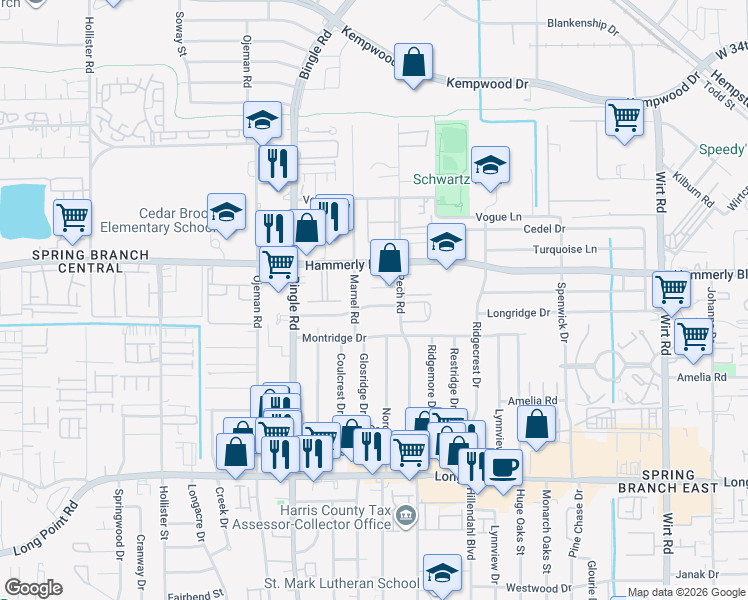 map of restaurants, bars, coffee shops, grocery stores, and more near 8522 Ridgepoint Drive in Houston