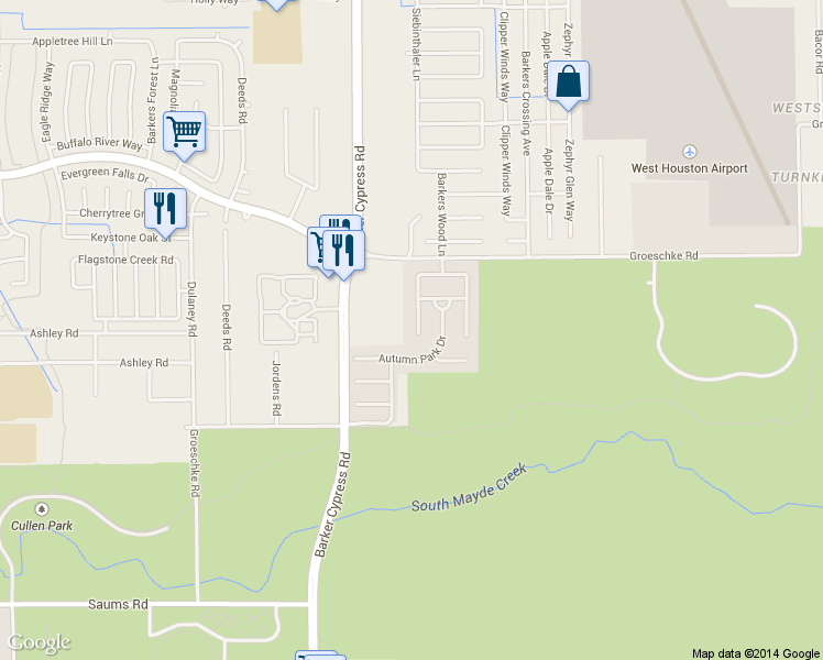 map of restaurants, bars, coffee shops, grocery stores, and more near 2715 Blue Wind Court in Houston