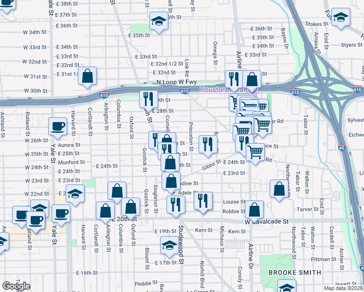 map of restaurants, bars, coffee shops, grocery stores, and more near 828 Aurora Street in Houston