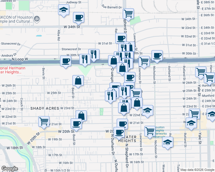 map of restaurants, bars, coffee shops, grocery stores, and more near 826b West 26th Street in Houston