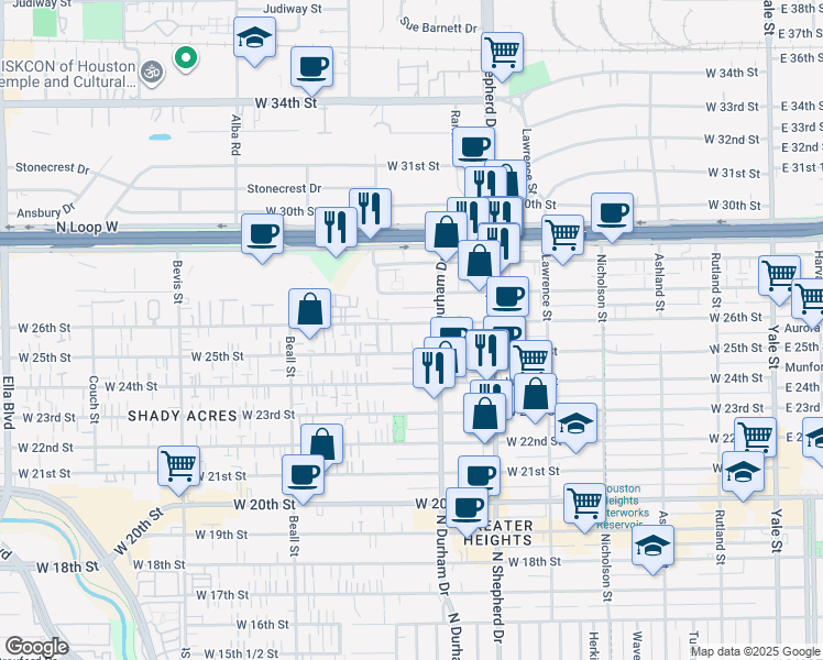 map of restaurants, bars, coffee shops, grocery stores, and more near 826b West 26th Street in Houston