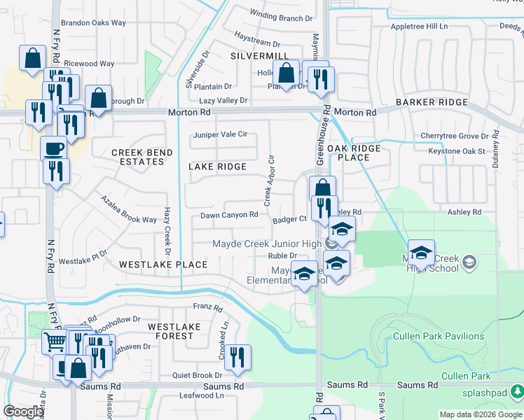 map of restaurants, bars, coffee shops, grocery stores, and more near 19306 Dawn Canyon Road in Houston