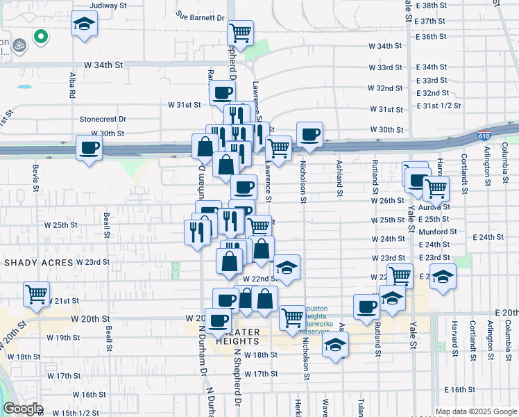 map of restaurants, bars, coffee shops, grocery stores, and more near 612 West 26th Street in Houston