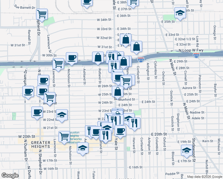 map of restaurants, bars, coffee shops, grocery stores, and more near 214 West 26th Street in Houston