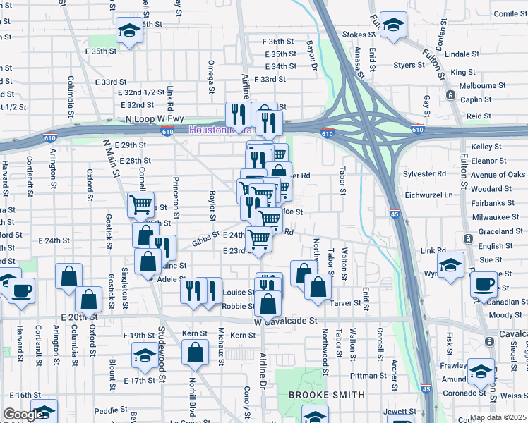 map of restaurants, bars, coffee shops, grocery stores, and more near 2503 Airline Drive in Houston