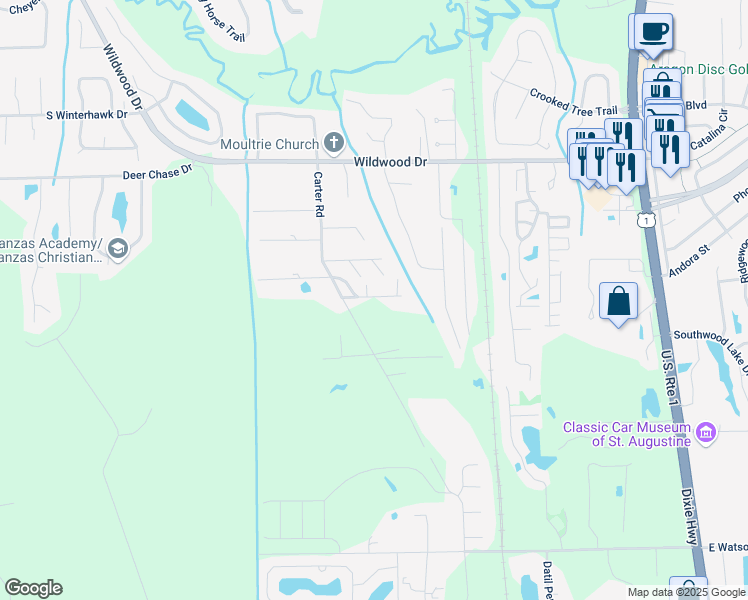 map of restaurants, bars, coffee shops, grocery stores, and more near 4420 Carter Road in St. Augustine