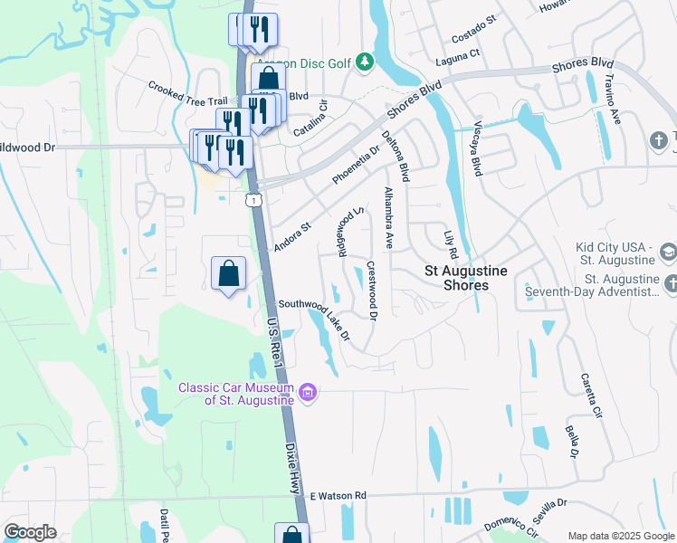 map of restaurants, bars, coffee shops, grocery stores, and more near 940 Ridgewood Lane in St. Augustine
