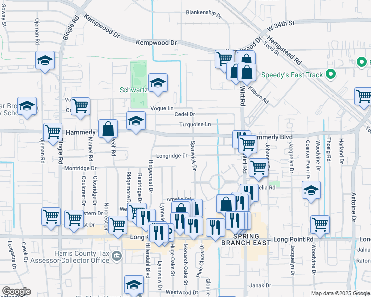 map of restaurants, bars, coffee shops, grocery stores, and more near 8009 Ridgeview Drive in Houston