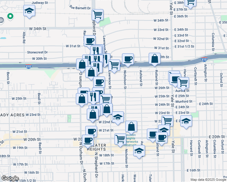 map of restaurants, bars, coffee shops, grocery stores, and more near 540 West 26th Street in Houston