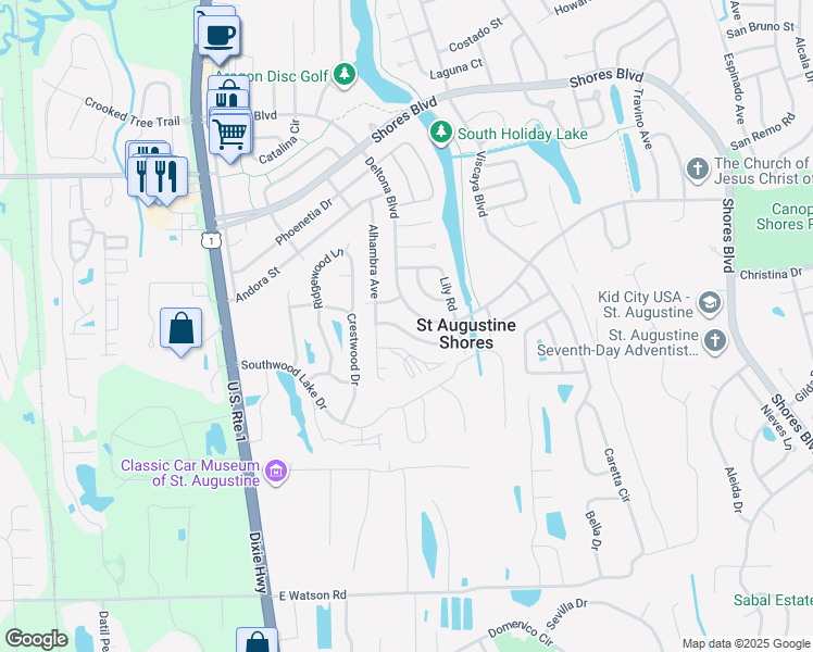 map of restaurants, bars, coffee shops, grocery stores, and more near 181 Estancia Street in St. Augustine