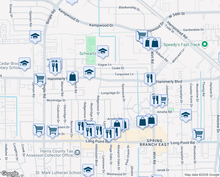 map of restaurants, bars, coffee shops, grocery stores, and more near 8038 Longridge Drive in Houston