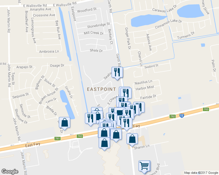 map of restaurants, bars, coffee shops, grocery stores, and more near 4911 Sheila Drive in Baytown