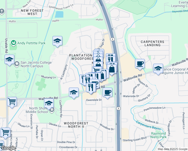 map of restaurants, bars, coffee shops, grocery stores, and more near 15410 Banter Trails Court in Houston