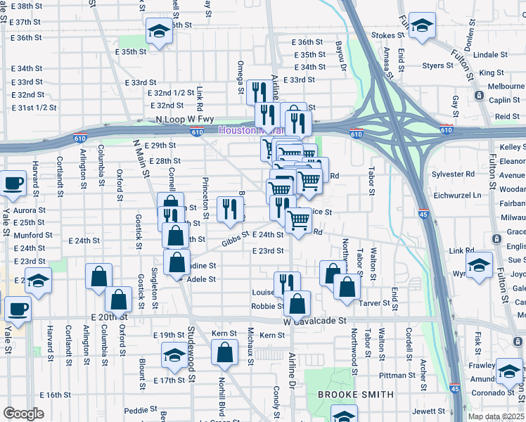 map of restaurants, bars, coffee shops, grocery stores, and more near 1136 Aurora Street in Houston