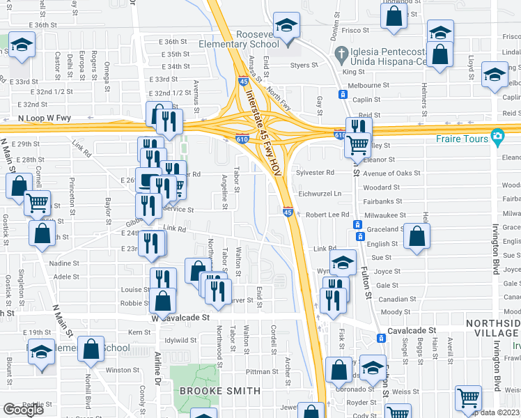 map of restaurants, bars, coffee shops, grocery stores, and more near 5603 Enid Street in Houston