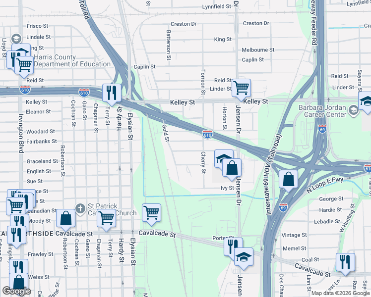 map of restaurants, bars, coffee shops, grocery stores, and more near 2406 Milwaukee Street in Houston