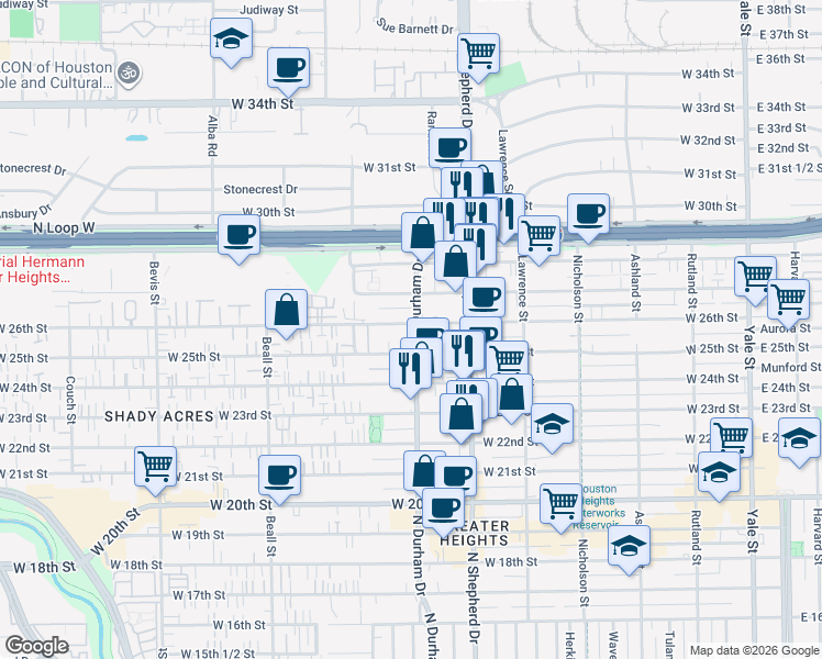 map of restaurants, bars, coffee shops, grocery stores, and more near 730 West 26th Street in Houston