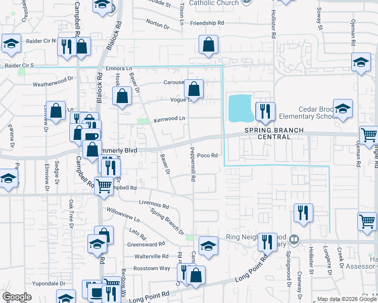 map of restaurants, bars, coffee shops, grocery stores, and more near 2031 Peppermill Road in Houston